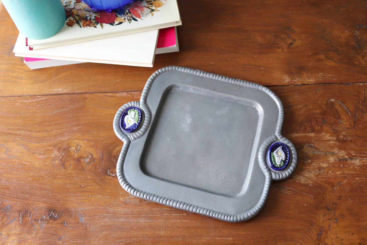 Vintage metal and ceramic tray