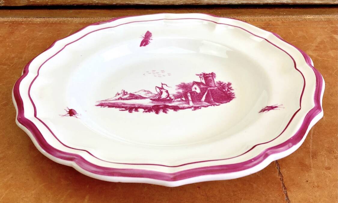 4 old Gien soup plates, pink landscape pattern, 1938/1960