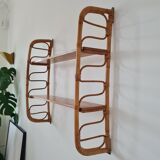 Wall shelf double modular rattan & vintage wood 50s