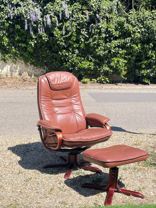 Scandinavian brown leather recliner lounge chair with ottoman, circa 1990