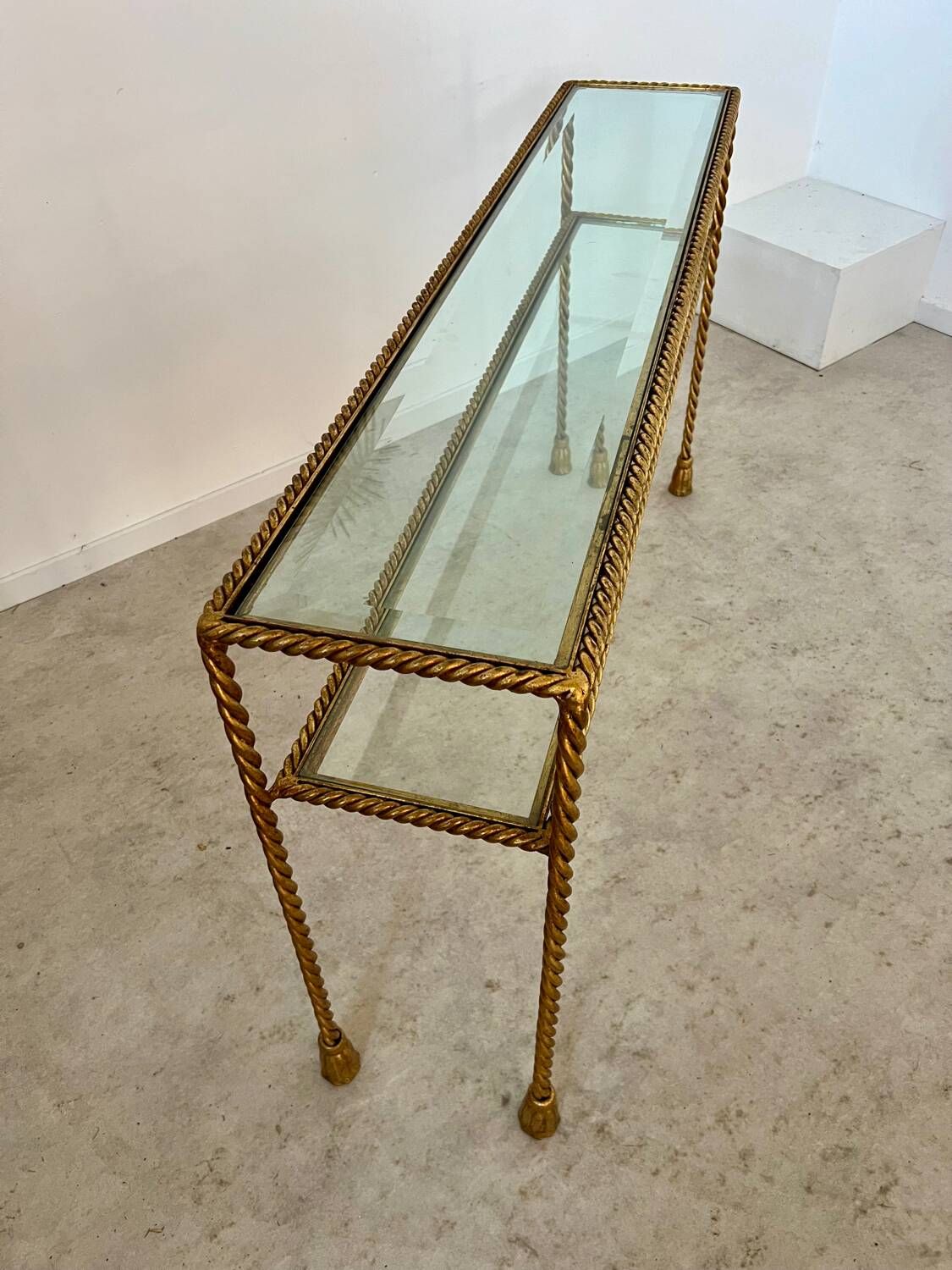 Antique console table in twisted gilded brass and glass Italian design from the 60s vintage table