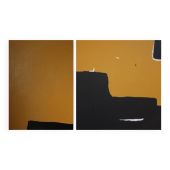 Set of 2 ocher-black abstract canvases
