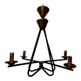 1950s chandelier in black metal and brass by Matégot, Stilnovo, Lunel