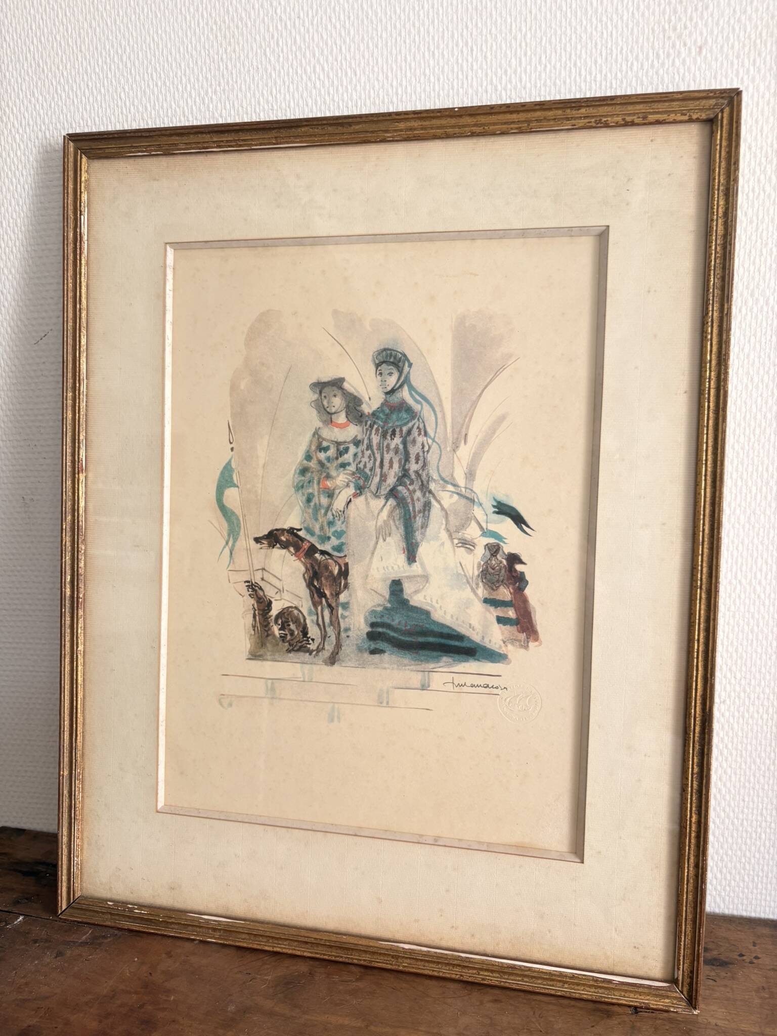 Lithograph Elegant Woman Greyhound Latin Union Edition Lucien Fontanarosa