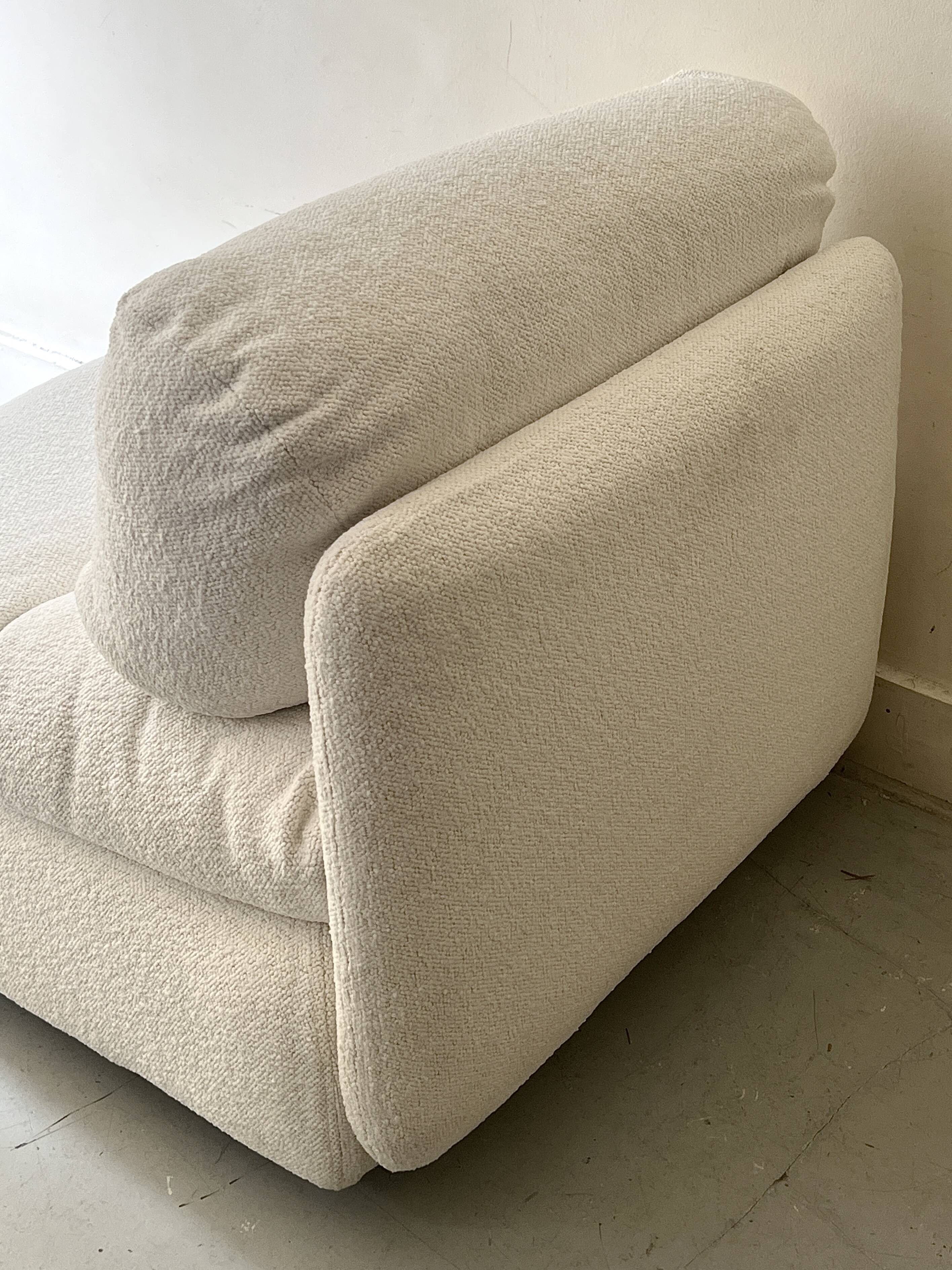 Italian off-white chenille armchair with a wooden base, 1970s design.