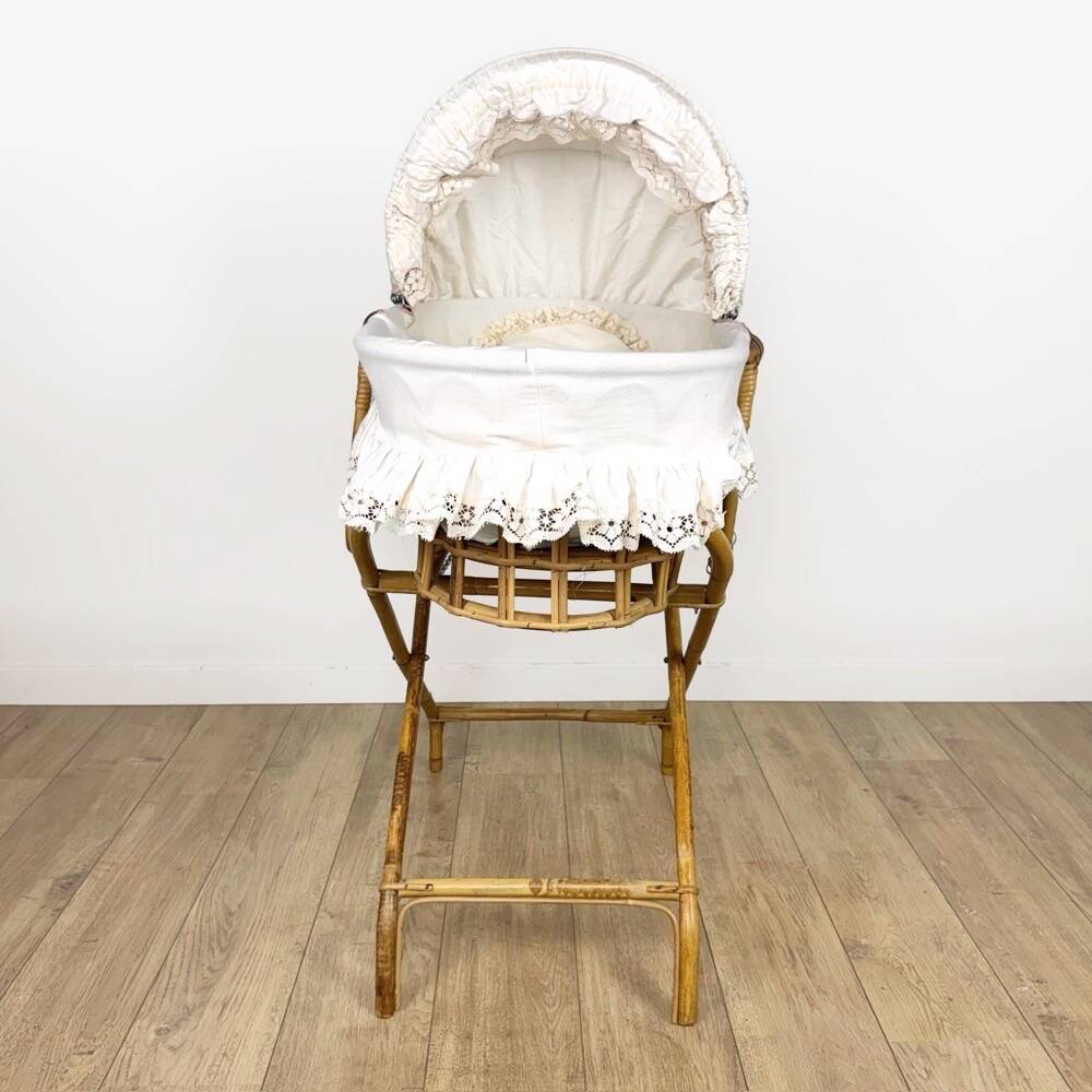 Bamboo bassinet on a stand, bohemian 1970s.
