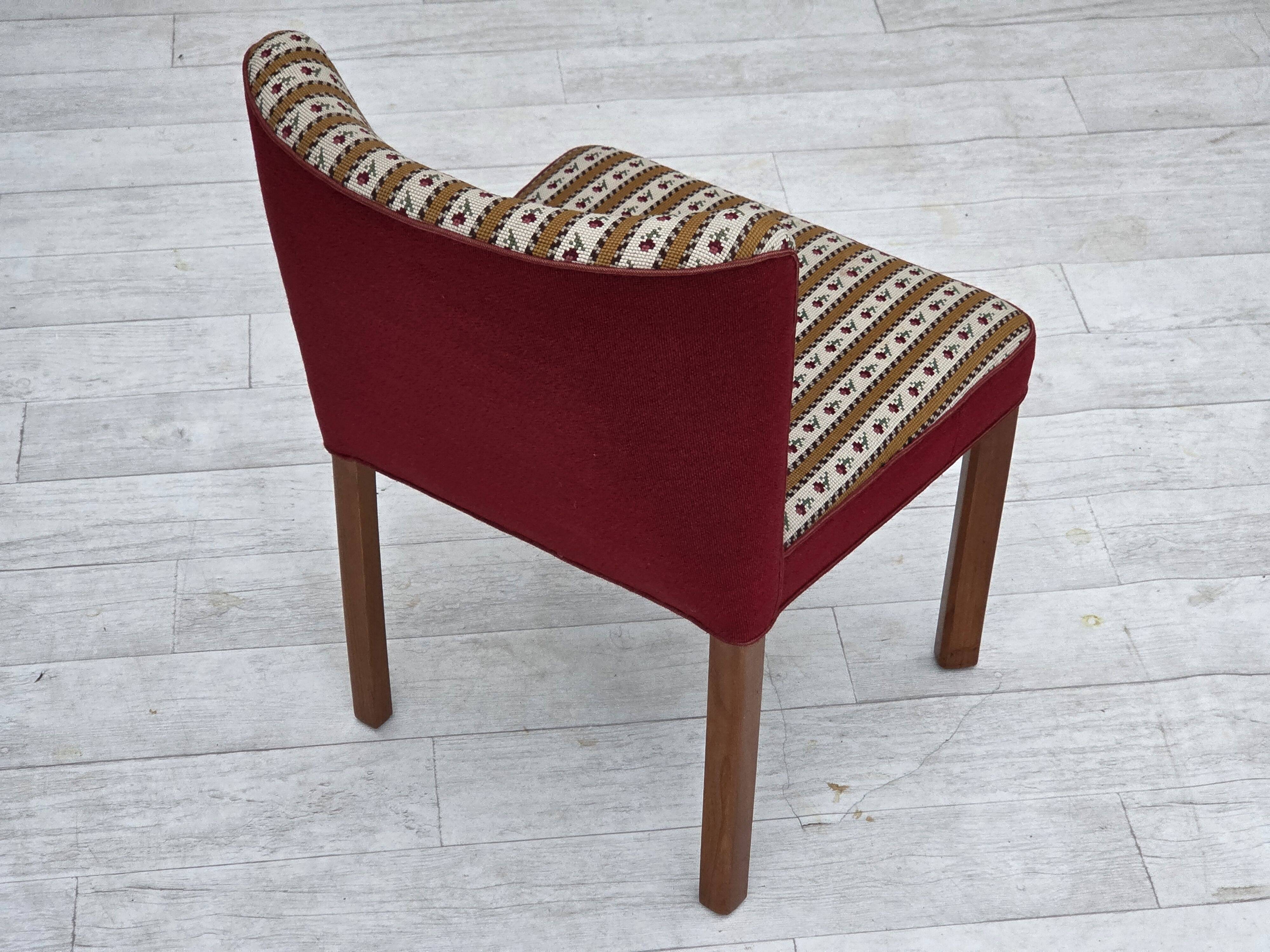 1960s, set of 2 Danish easy chairs, traditional Danish woven wool fabric.