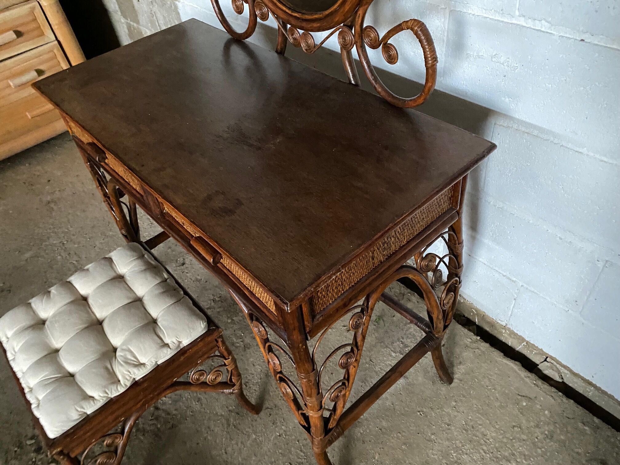 Vintage rattan dressing table with mirror and stool 1970