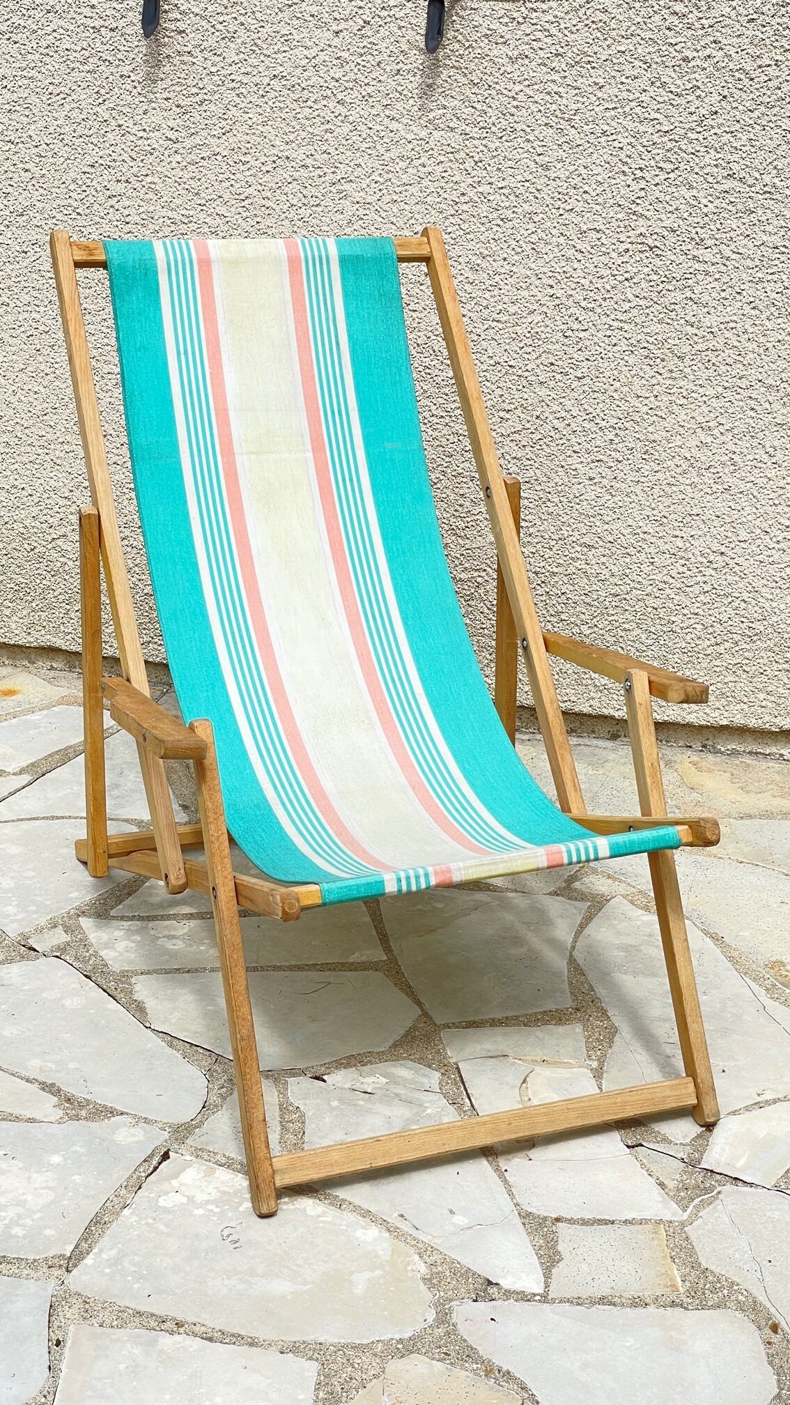 Transat pliant en bois et toile vintage