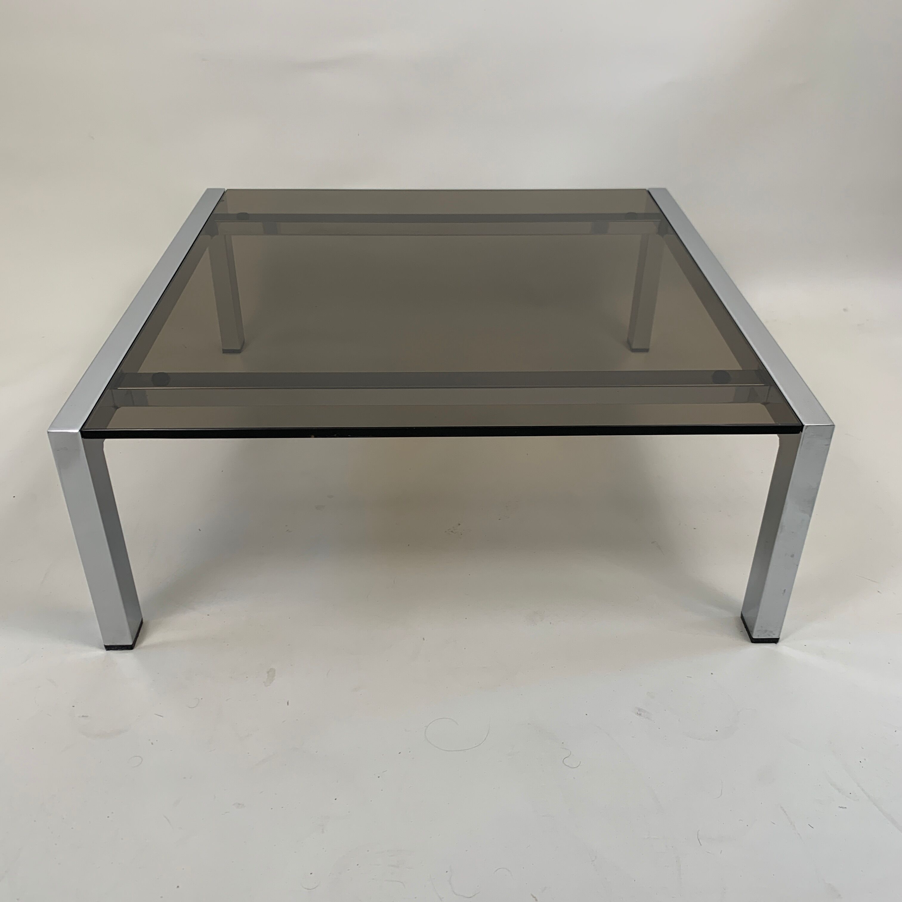 Vintage square coffee table chrome structure and smoked glass top