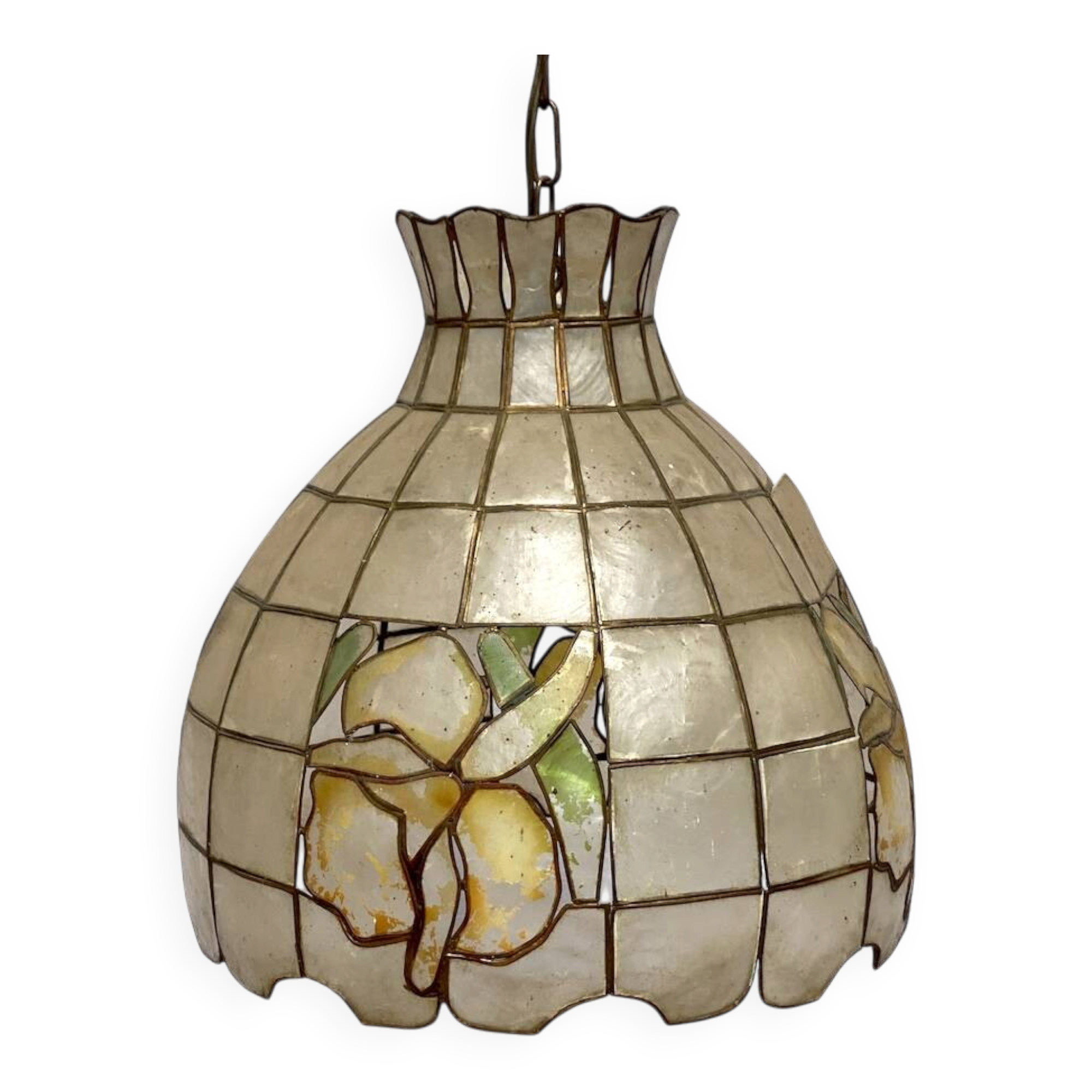Suspension en feuille nacre et laiton vintage 1970's