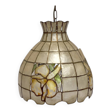 Vintage 1970s mother-of-pearl and brass pendant light