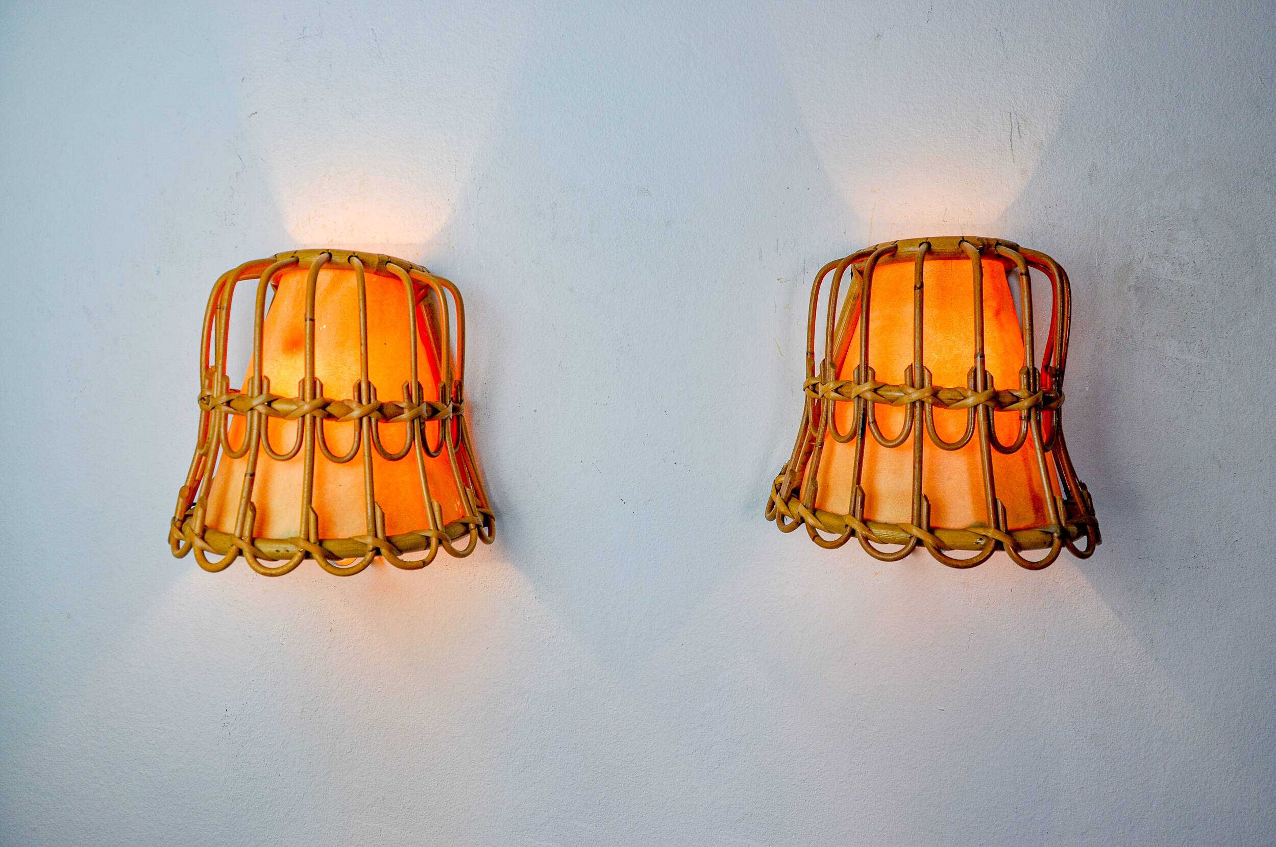 Pair of rattan wall lights, France, 1960