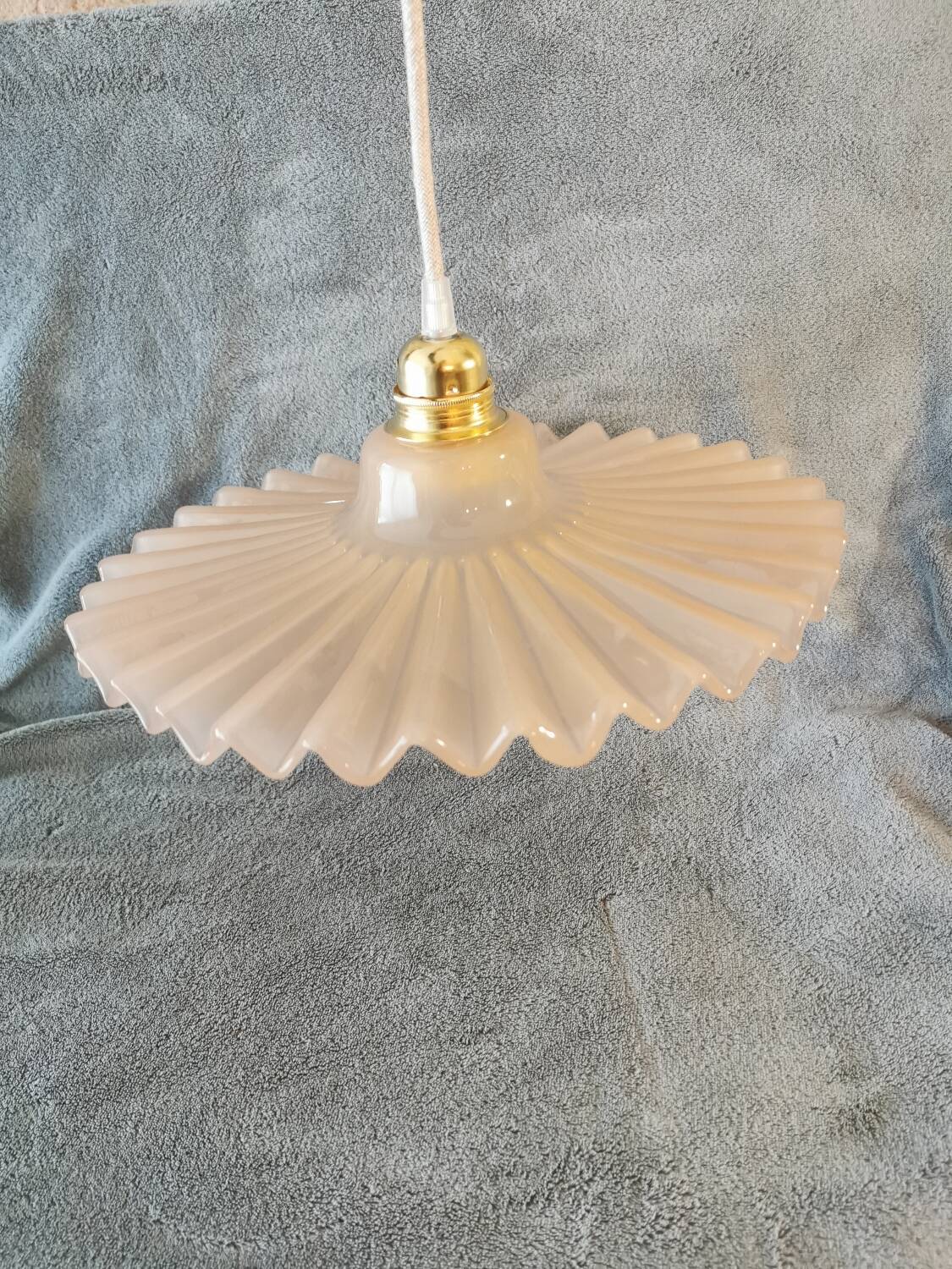 Vintage opaline pink pleated molded glass pendant light
