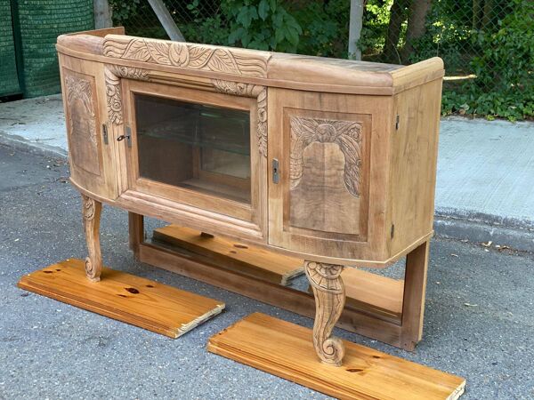 Vitrine vaisselier vintage en bois massif art déco 1940