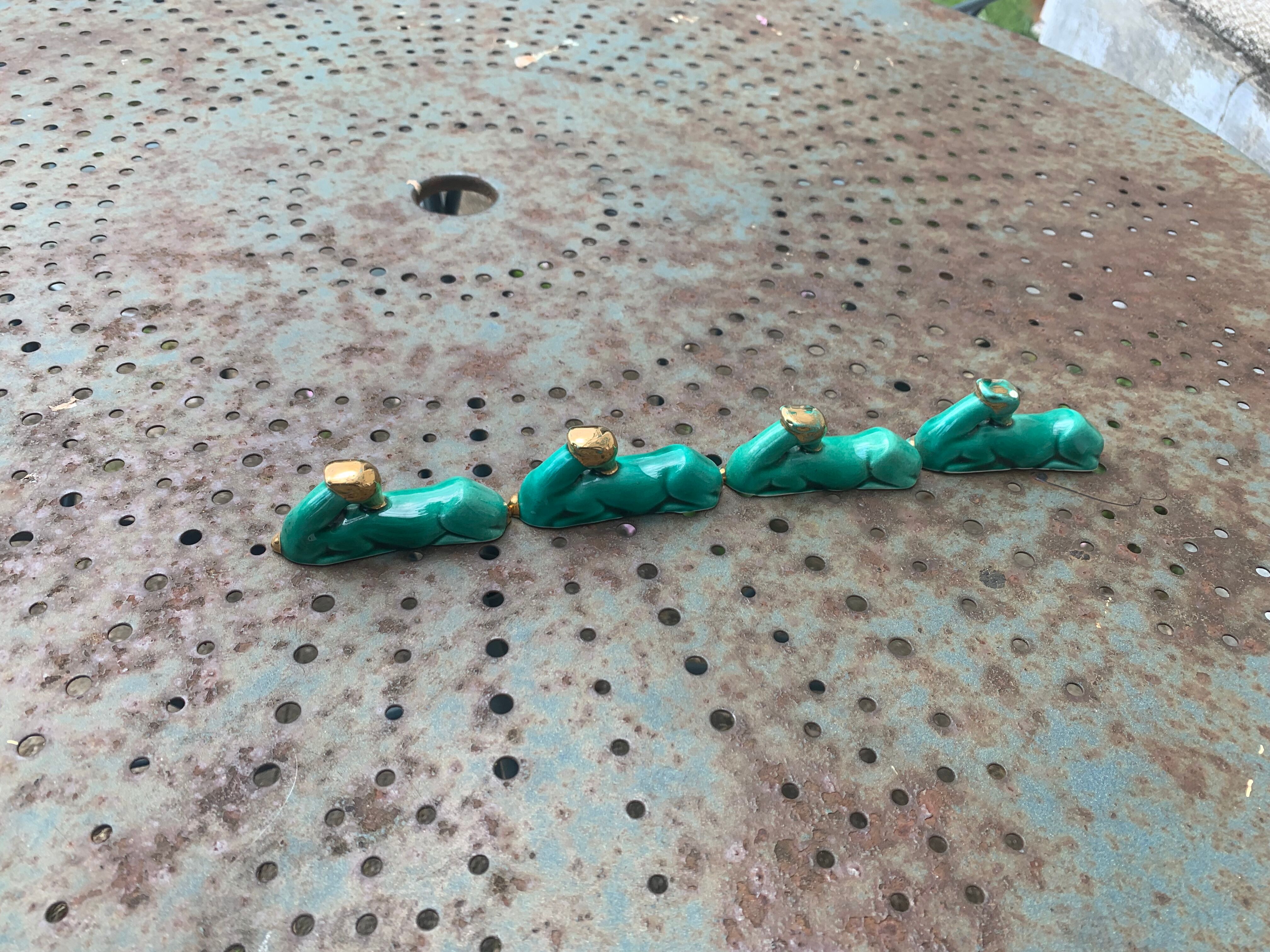 4 knife holders the deer in green and gold glazed ceramic art deco