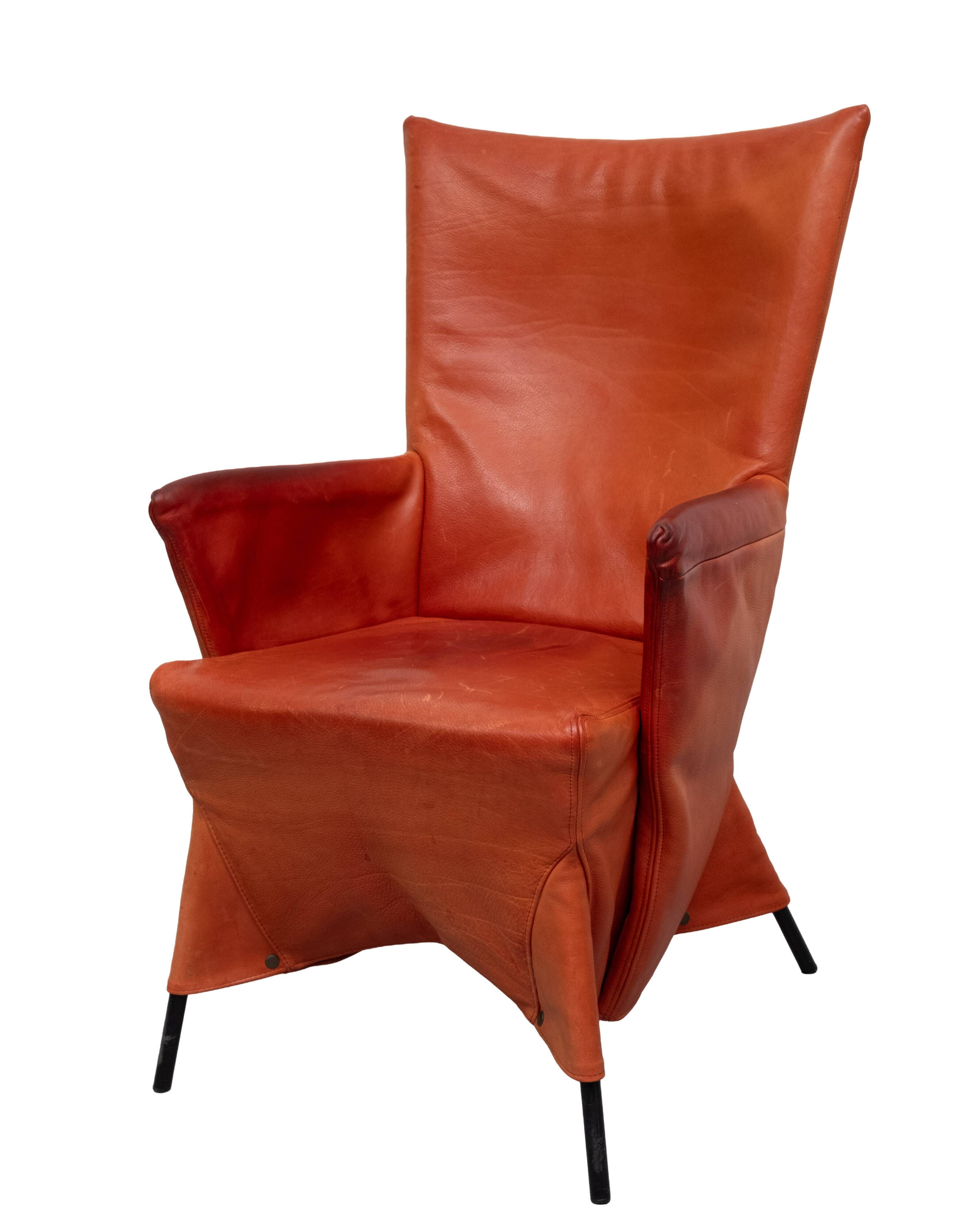 Gerard van der Berg Orange Leather Skirt Arm Chair 1980s