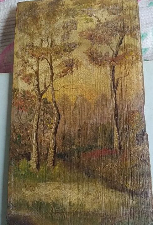 Oil on wood signed Sous bois de Forêt in autumn 1930