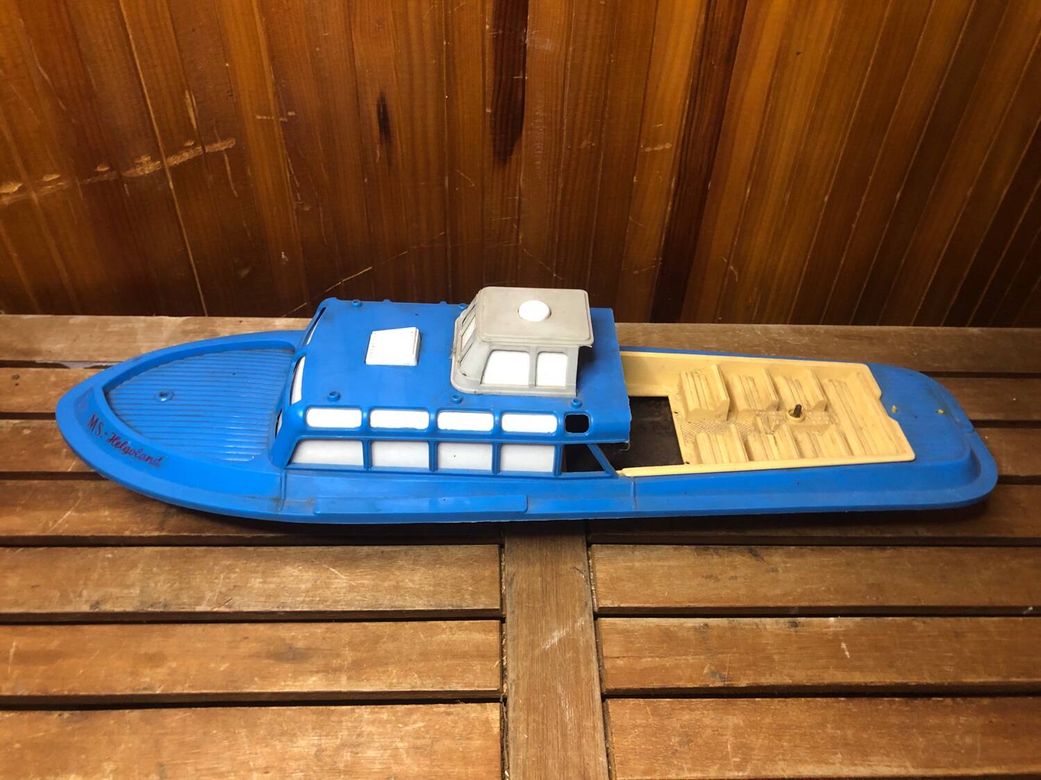 Old Toy Boat Sheet Metal MS Helgoland A Remontoir 1950 Vintage #A599