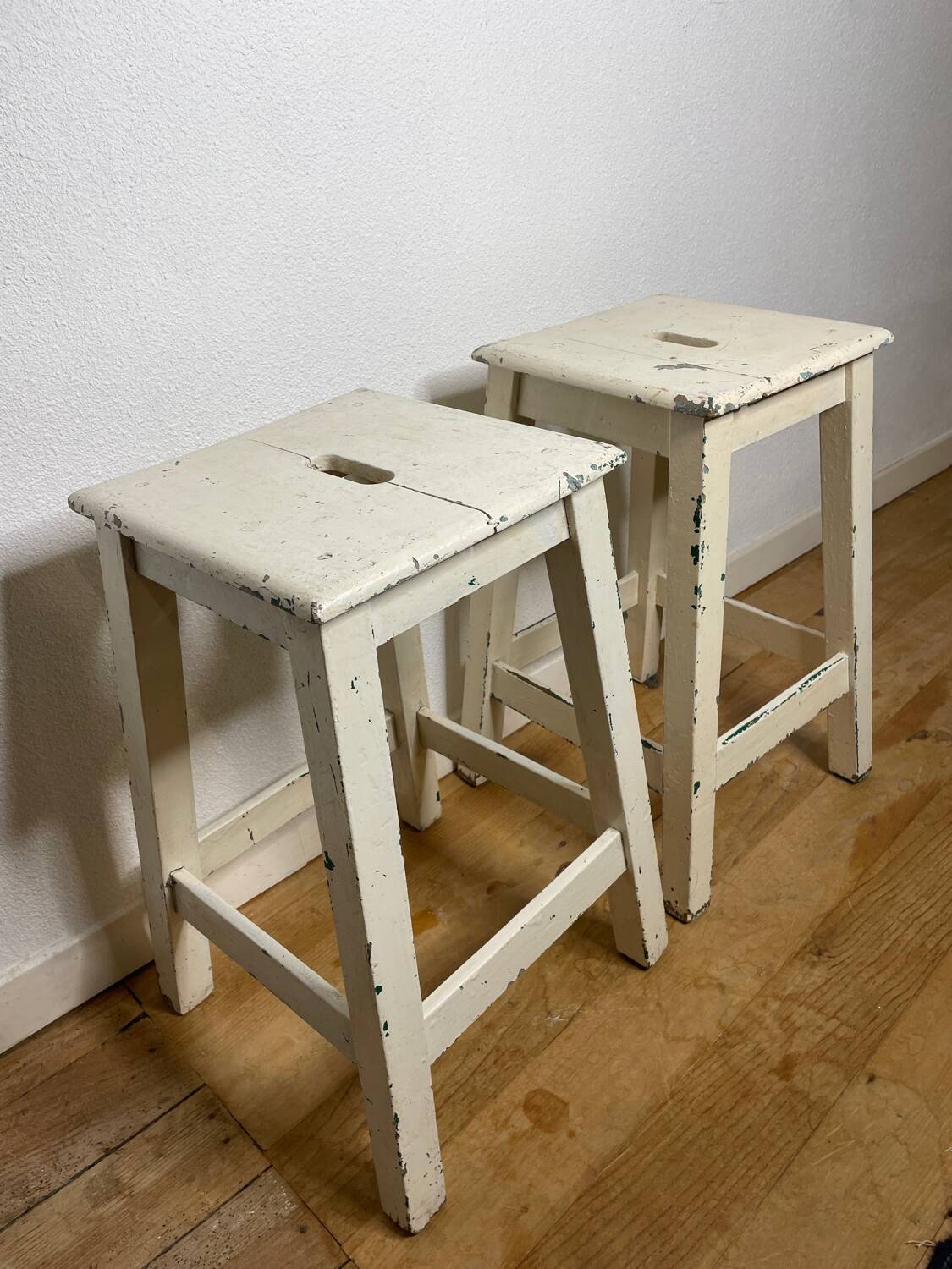 Pair of vintage cream stools in painted wood
