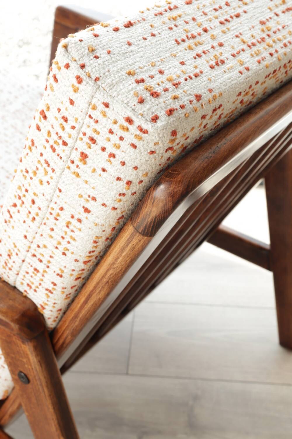 Vintage Danish boucle armchair with orange polka dots from the 1960s.