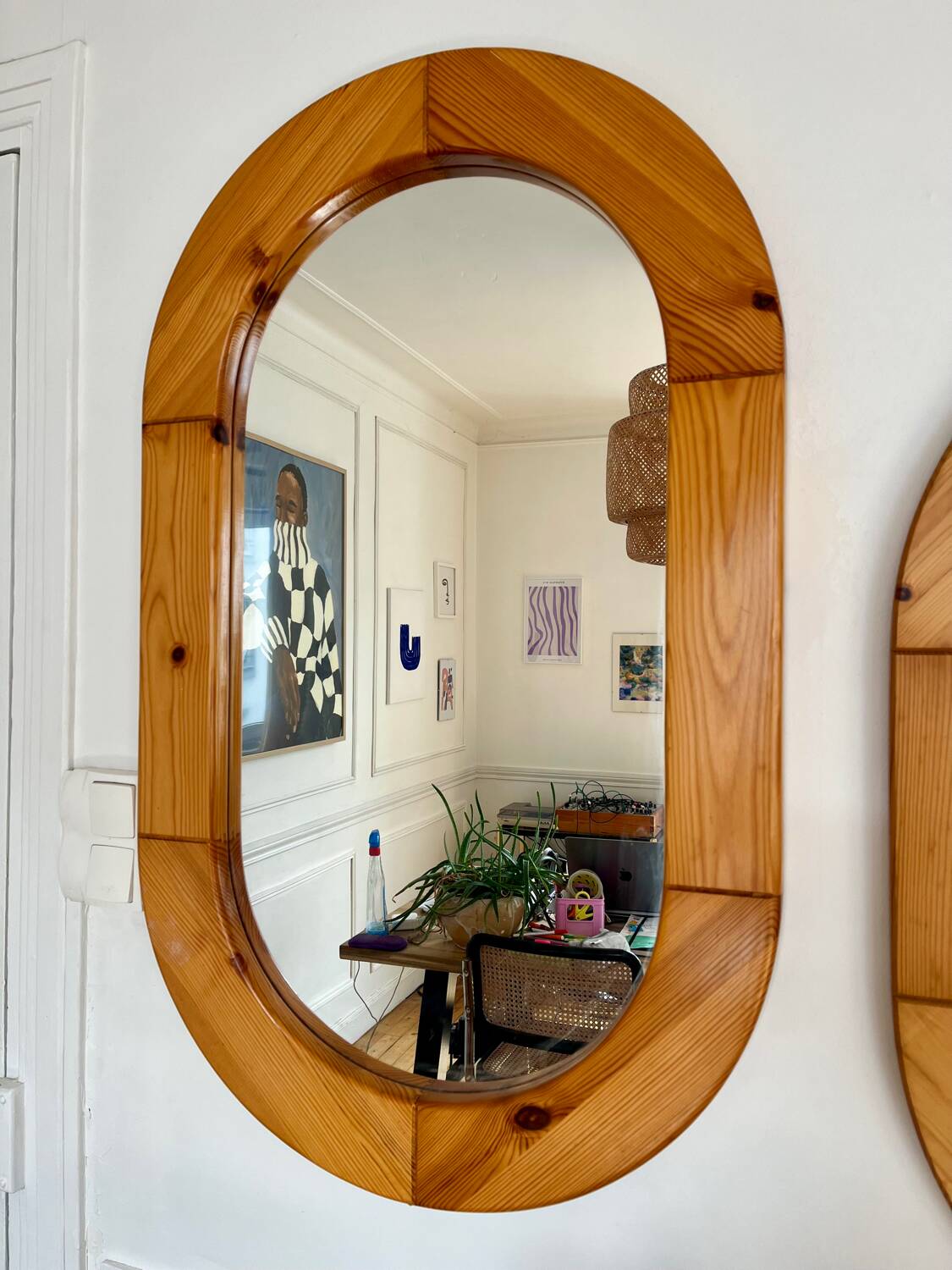 Oval mirror in solid pine vintage 70