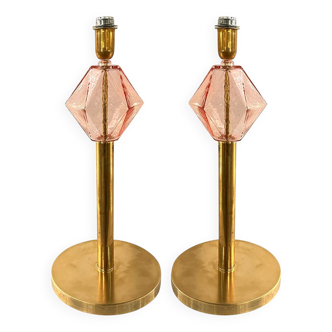 Set of Two Contemporary Italian Pink Glass Table Lamps With One