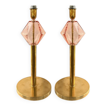 Set of Two Contemporary Italian Pink Glass Table Lamps With Un
