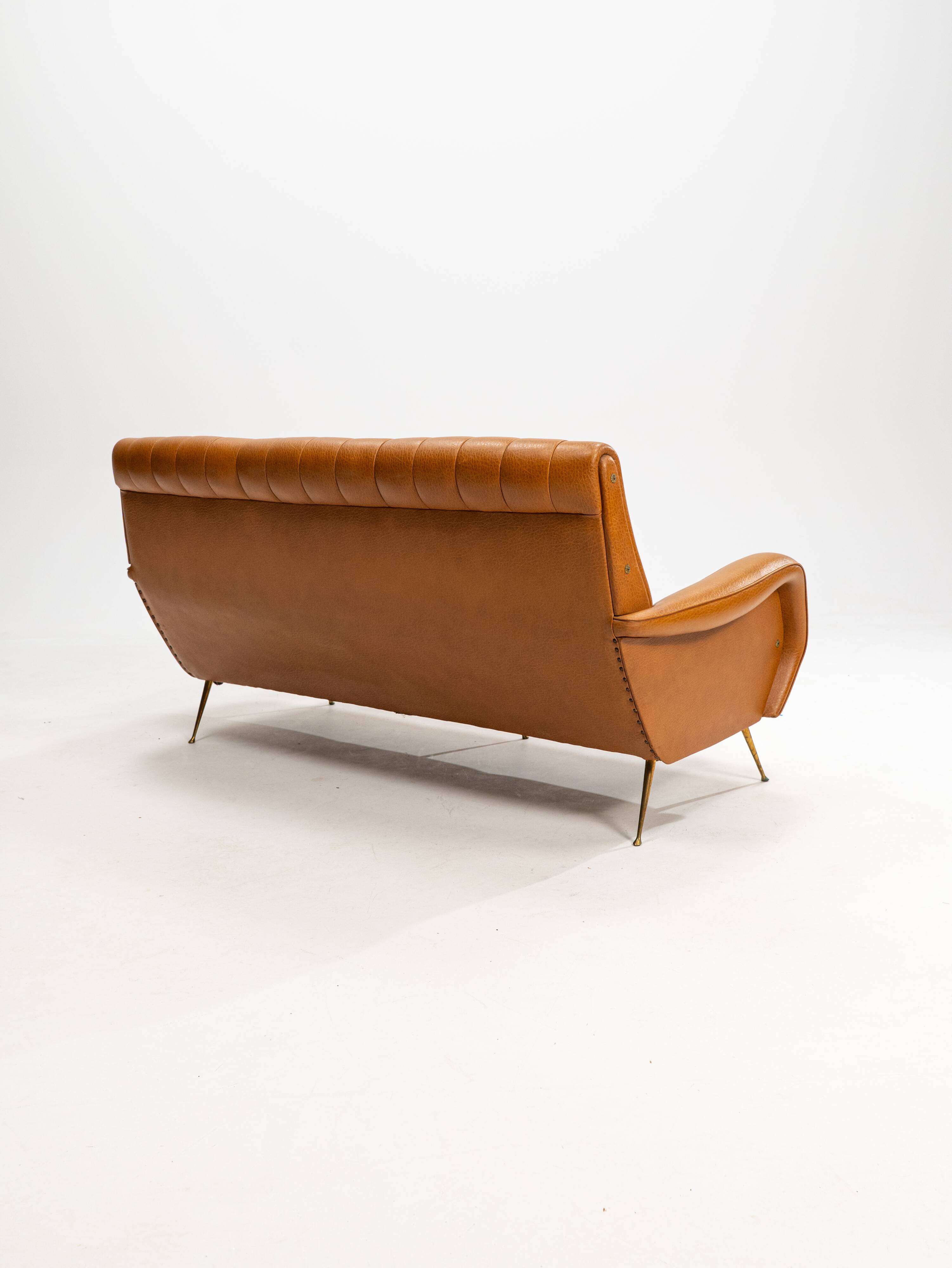 Three-seater sofa in skai with brass feet in the style of Marco Zanuso, 1950s