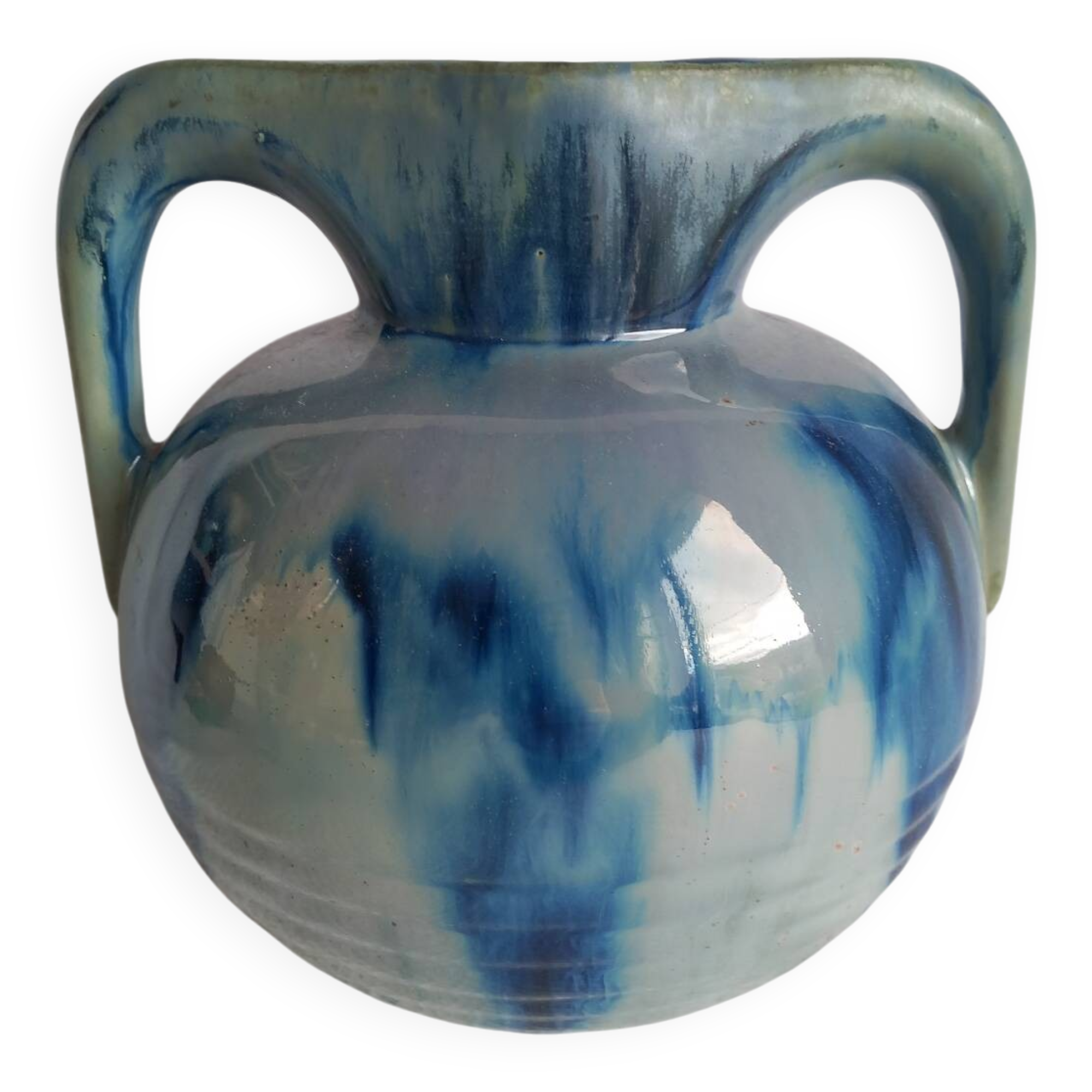 Vintage vase with double bridge handles – Cast blue enamel – Vallauris years