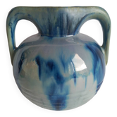 Vintage vase with double bridge handles – Cast blue enamel – Vallauris years
