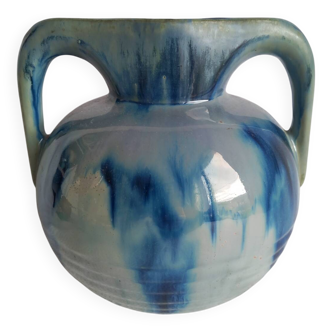 Vintage vase with double bridge handles – Cast blue enamel – Vallauris years