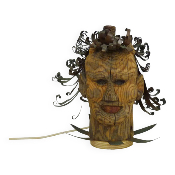 Pièce unique. Lampe en bois et cheveux métal à tête de diable '' autoportrait
