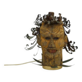 Unique piece. Wooden lamp and metal hair with devil's head "self-portrait"