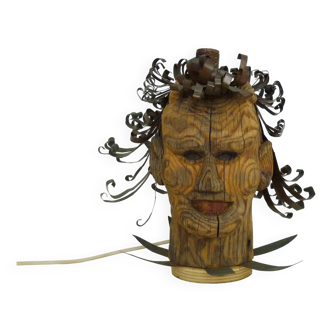 Unique piece. Wooden lamp and metal hair with devil's head "self-portrait"