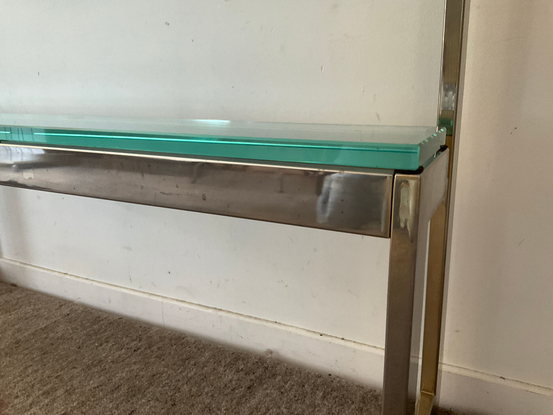 Console "G" by Belgochrom in brass and glass from the 1970s.