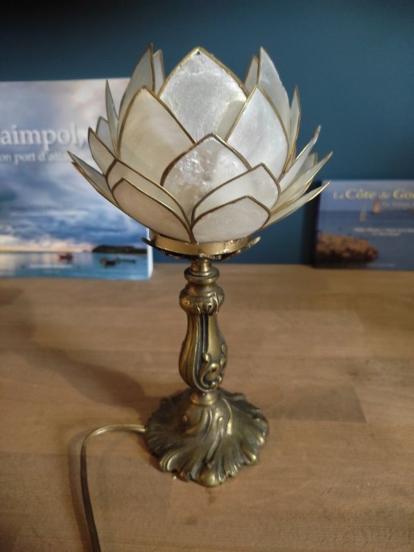 Bedside lamp flower lotus mother-of-pearl base bronze brass dp 0123247