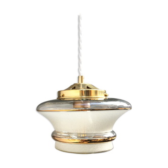 Suspension globe vintage en verre givré blanc rayé doré