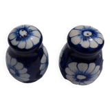 Blue ceramic salt and pepper shaker with flower pattern