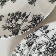 Set of black and white plates in the style of toile de Jouy.