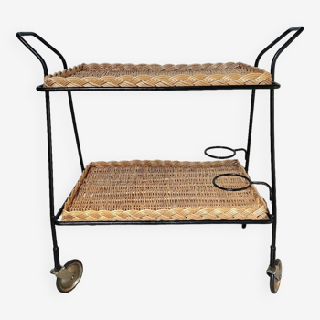 Vintage wicker and black steel rolling trolley