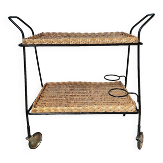 Vintage wicker and black steel rolling trolley