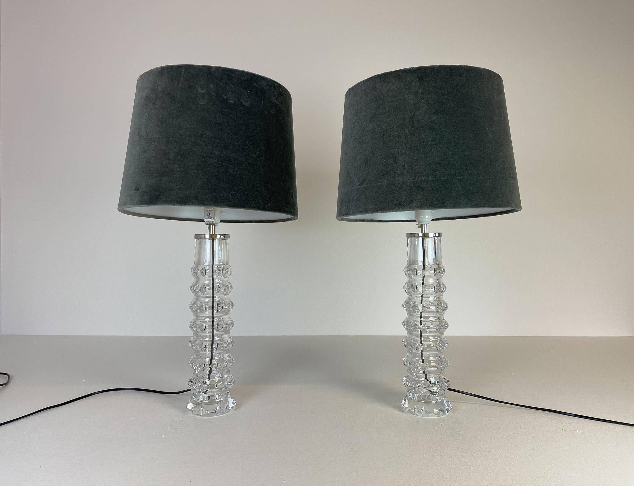 Pair of mid-century crystal lamps by Carl Fagerlund for Orrefors Sweden, 1970s.