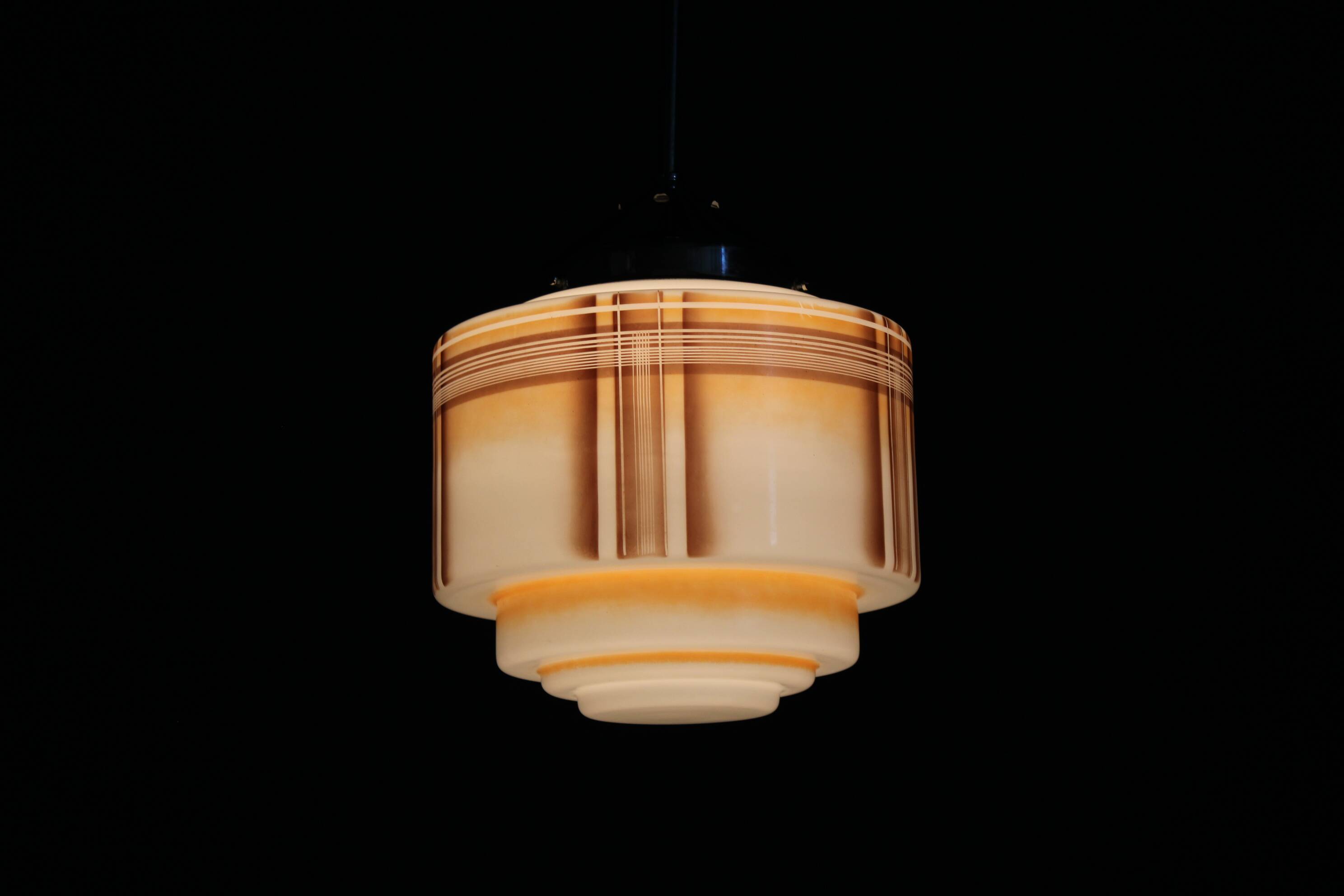 1930s Napako Art Deco pendant light in chrome and glass, restored, new wiring