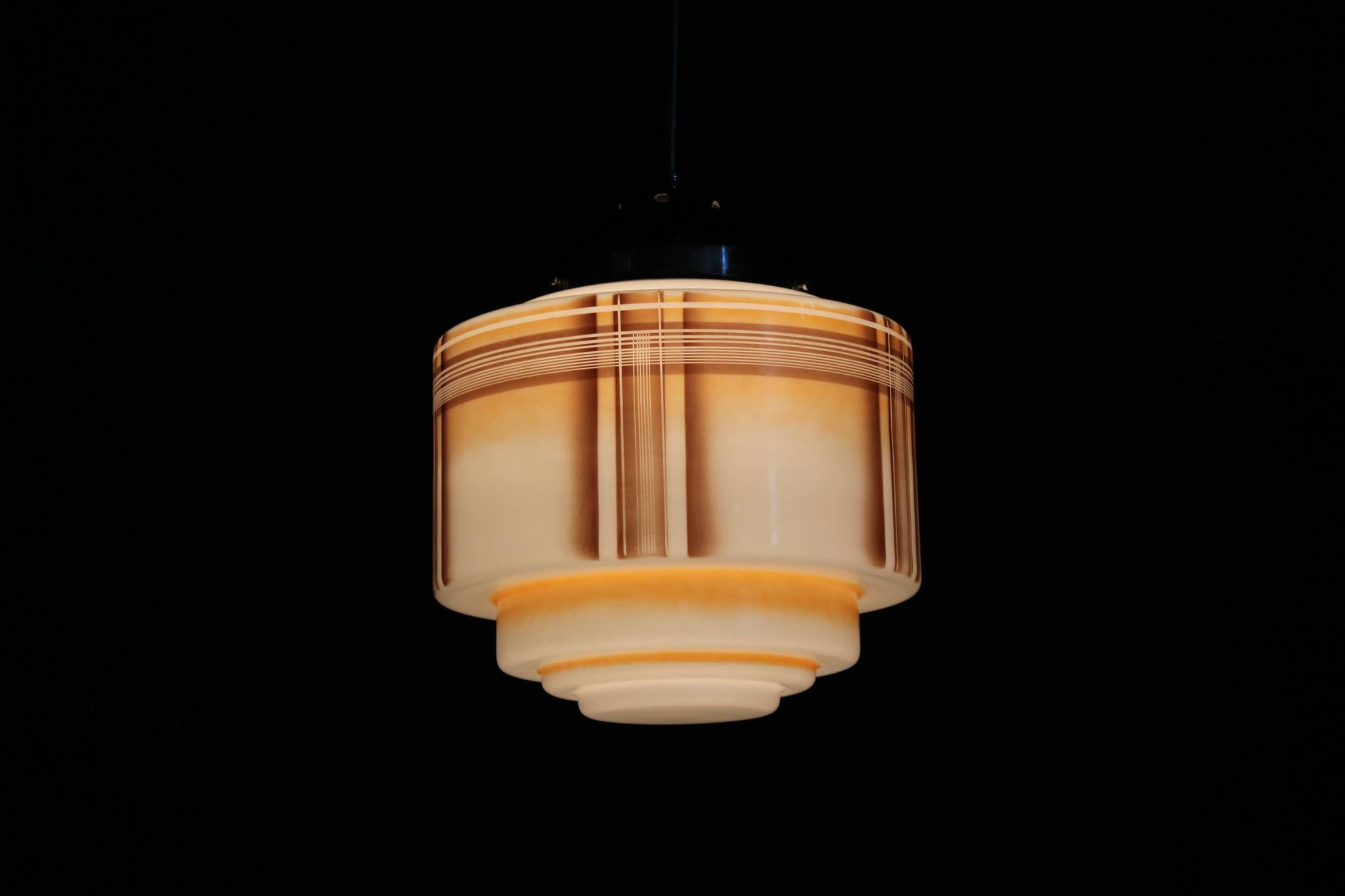 1930s Napako Art Deco pendant light in chrome and glass, restored, new wiring