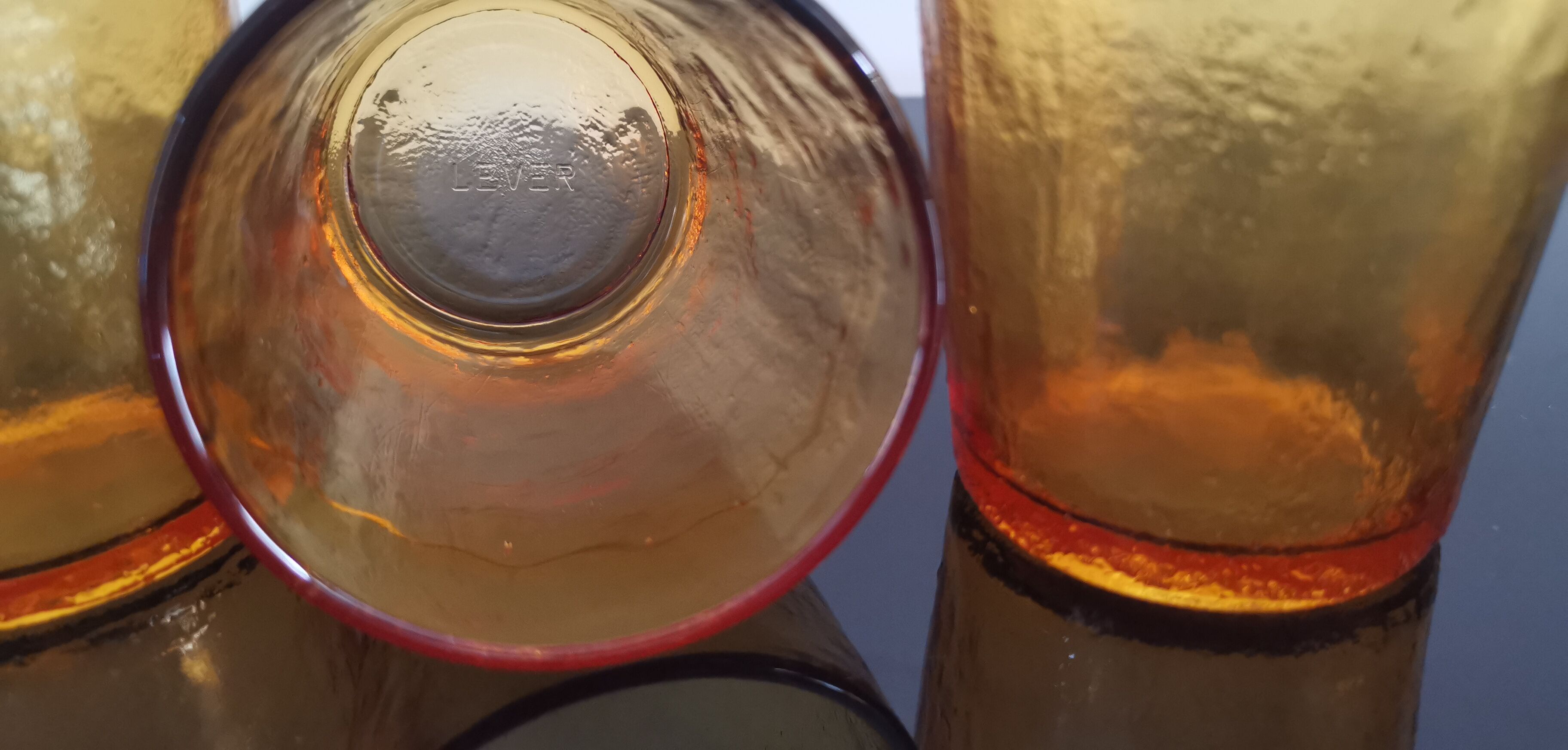 6 old amber colored glasses "lever" year 1970