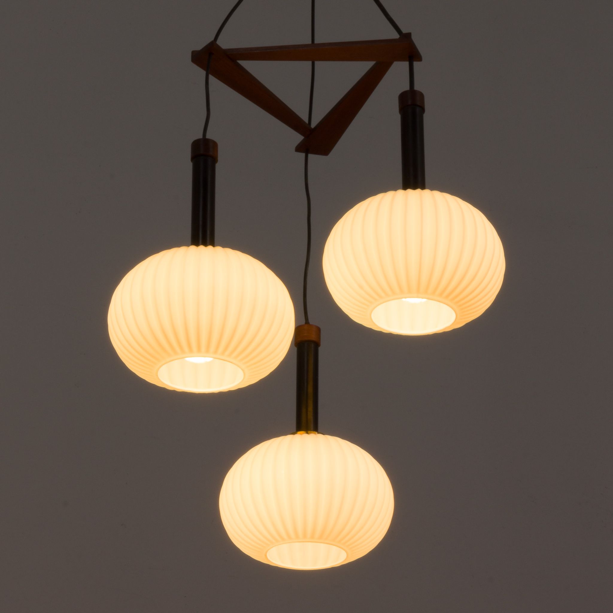Ribbed glass and teak pendant lamp, 60s.