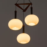 Ribbed glass and teak pendant lamp, 60s.