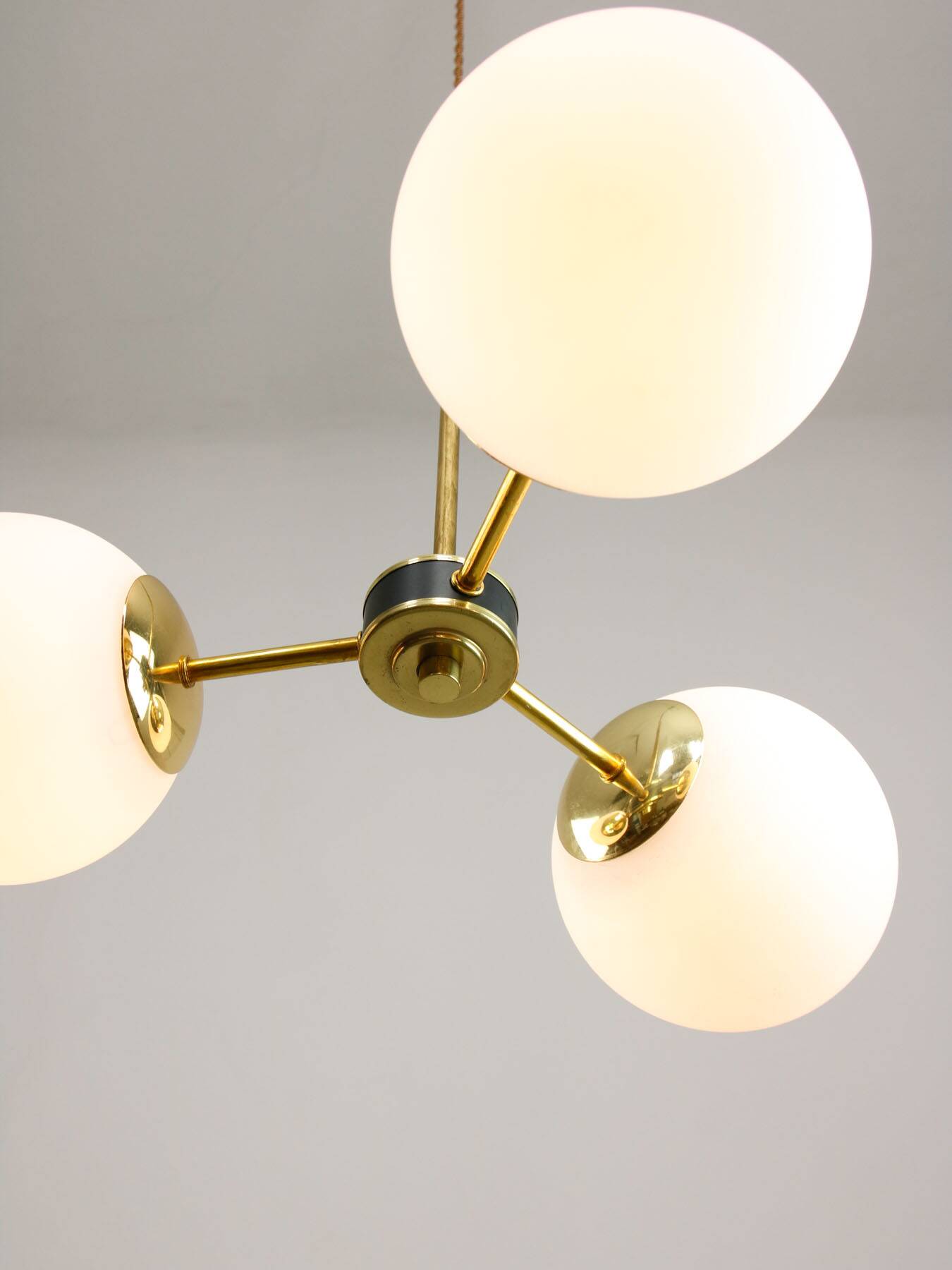 Mid-Century Modern Italian Chandelier in Brass and Opaline Glass, 1960s