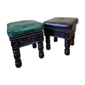Pair of Moroccan poufs in stamped leather with a carved wooden base, Rabat